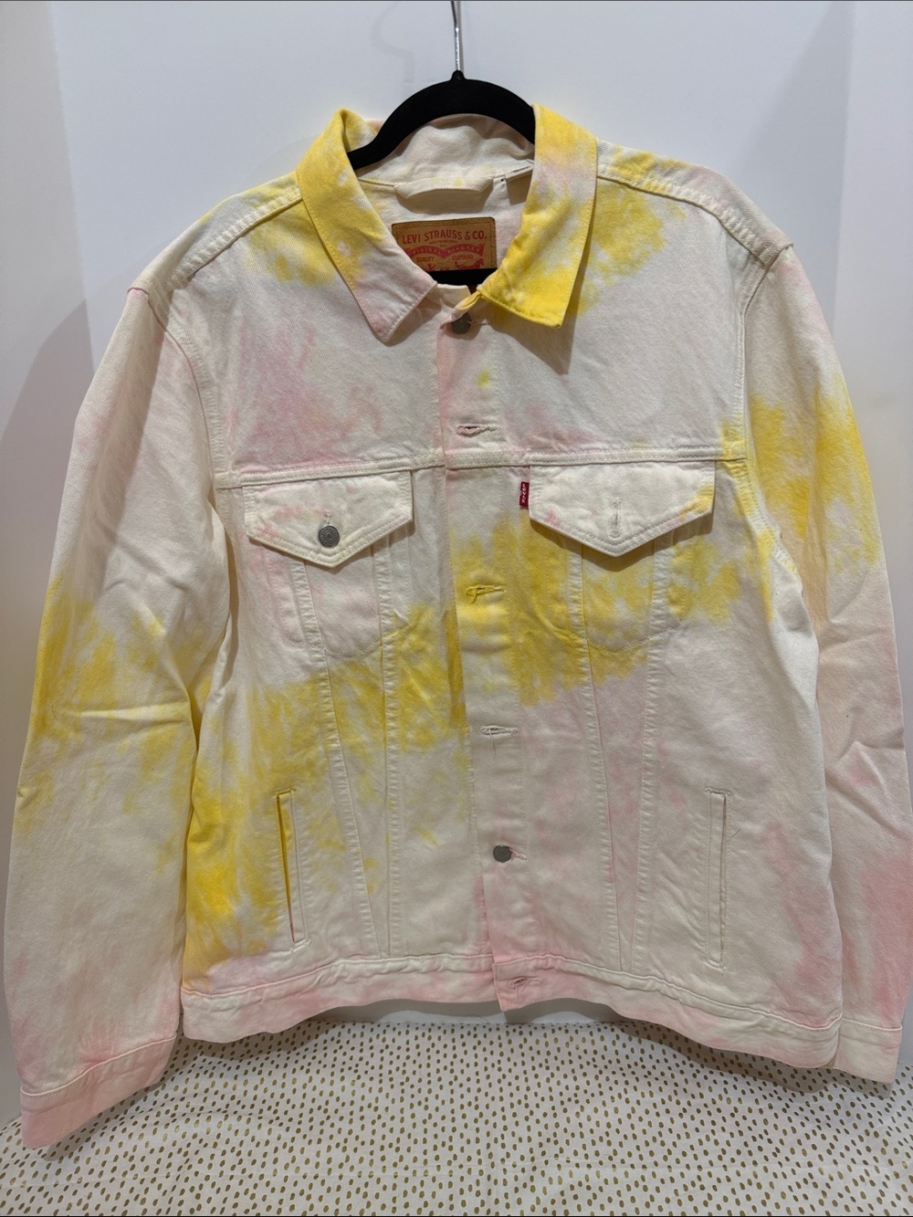 Levi's Cream Denim Jacket with Yellow & Pink Tie-Dye Accents
